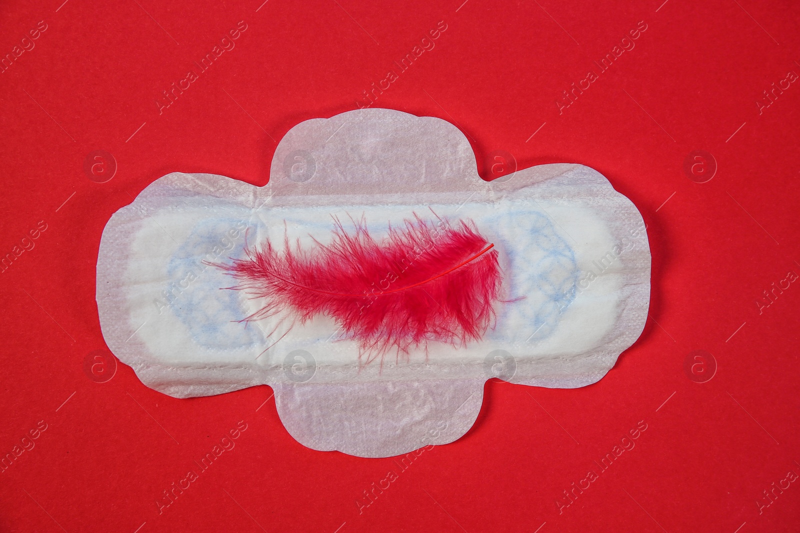 Photo of Flat lay composition with menstrual pad and feather on color background. Gynecological checkup