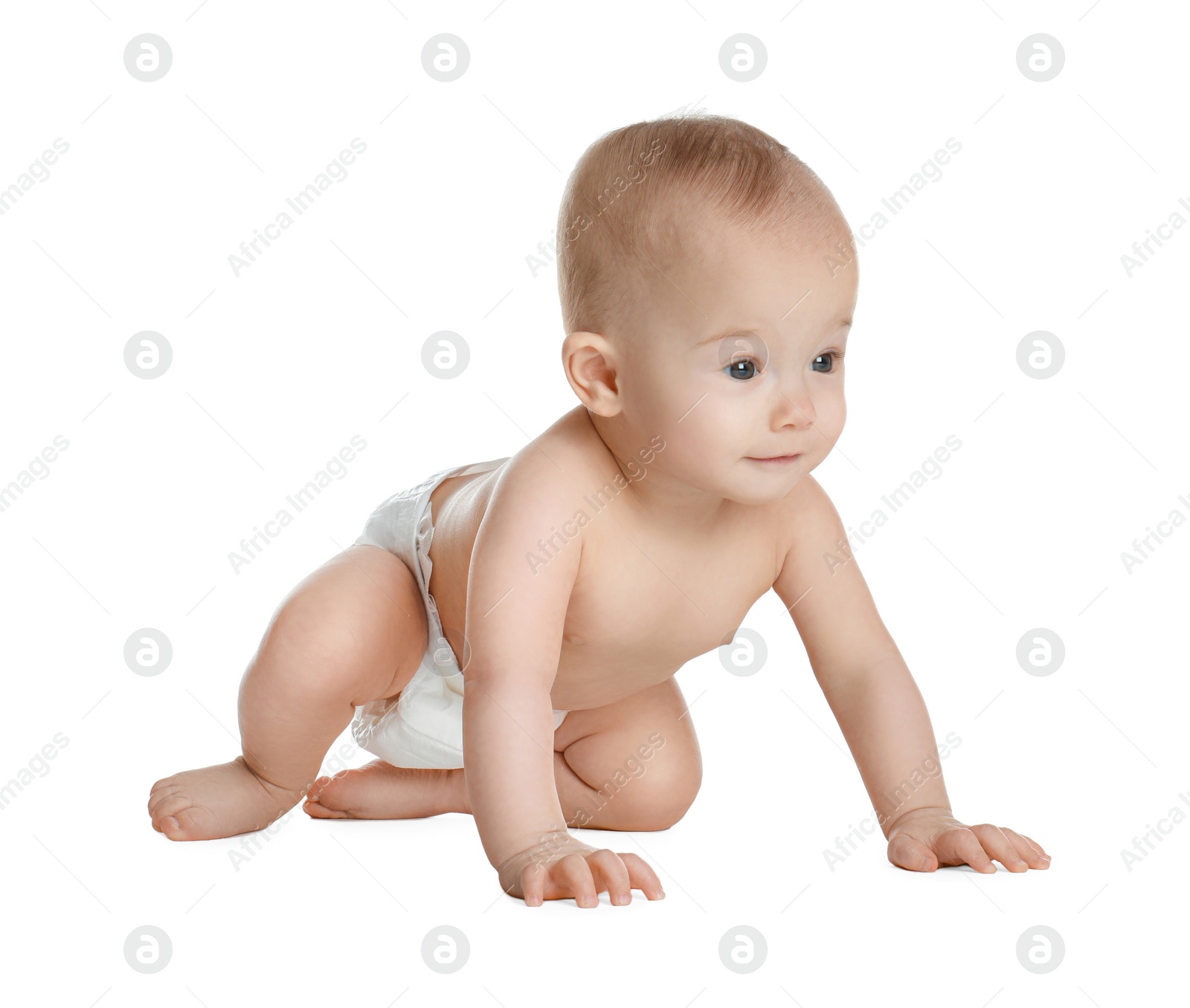 Photo of Cute little baby in diaper on white background