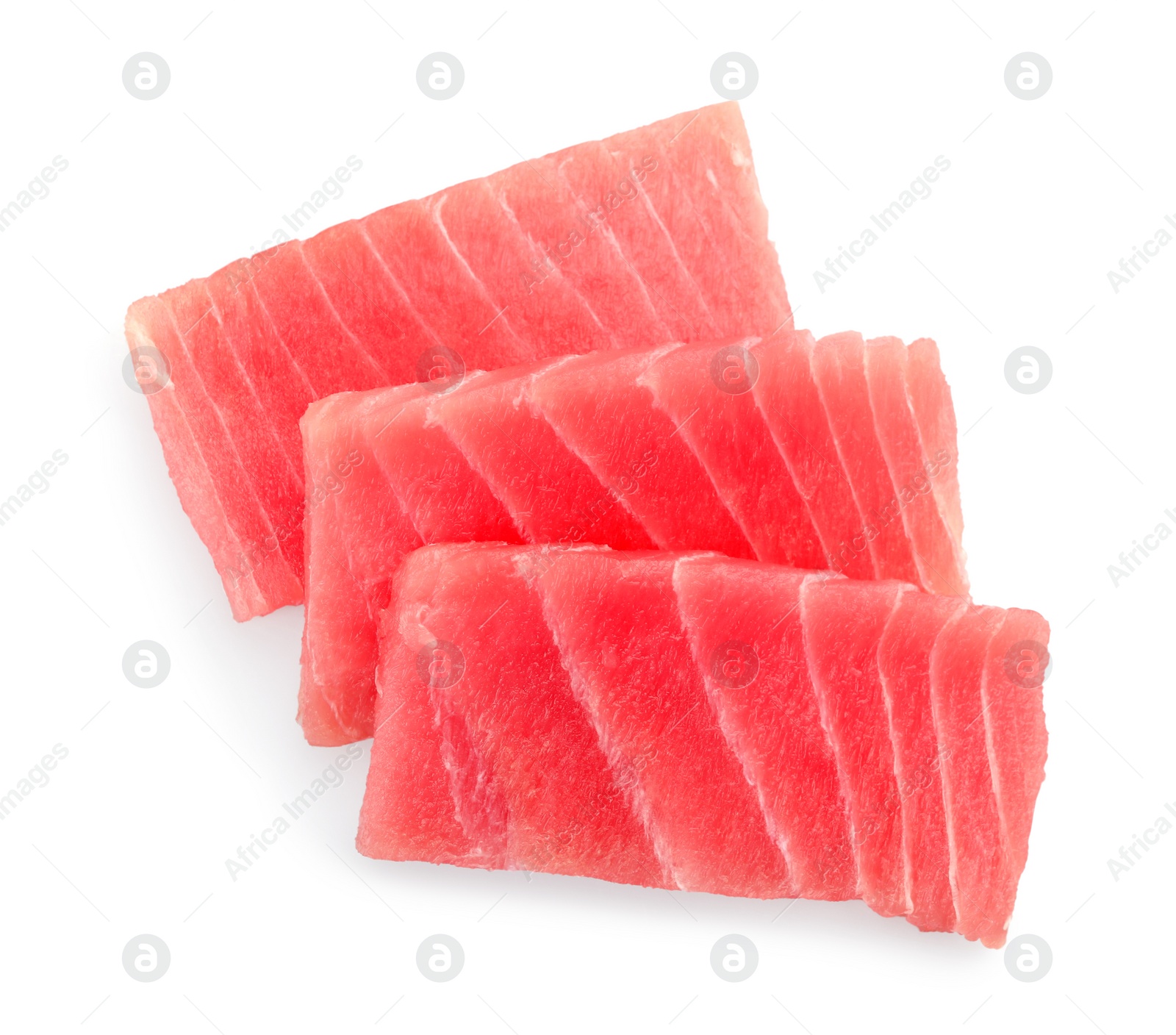 Photo of Tasty sashimi (pieces of fresh raw tuna) on white background, top view