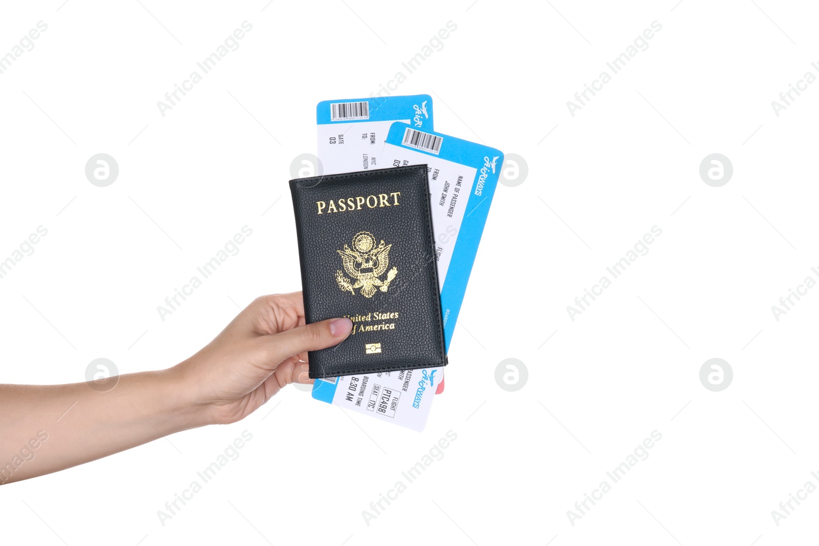 Photo of Woman holding United States passport with tickets isolated on white, closeup