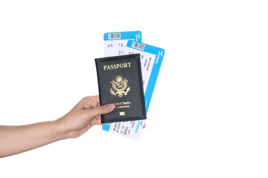 Photo of Woman holding United States passport with tickets isolated on white, closeup