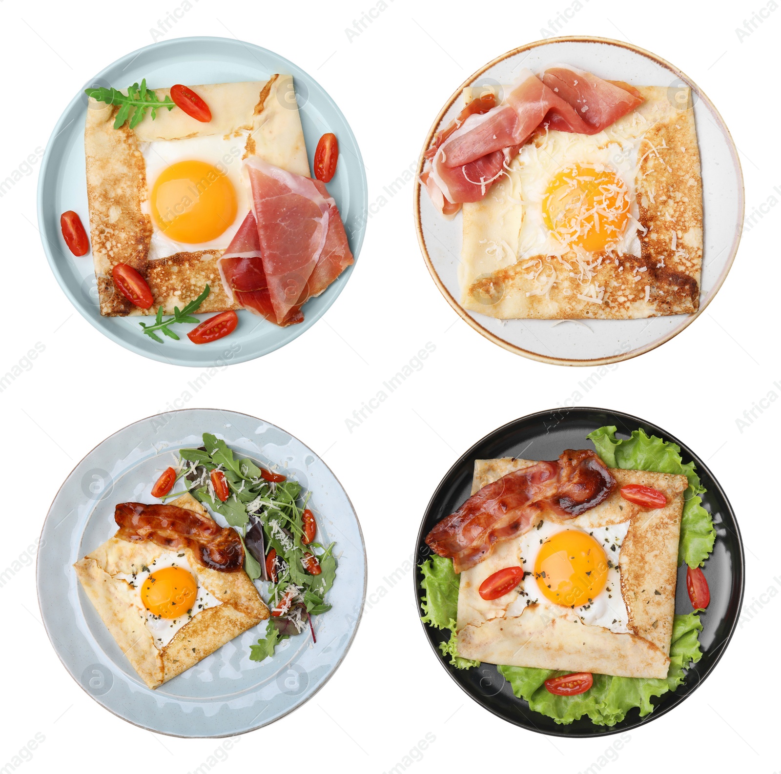 Image of Set with delicious crepes with eggs on white background, top view. Breton galette