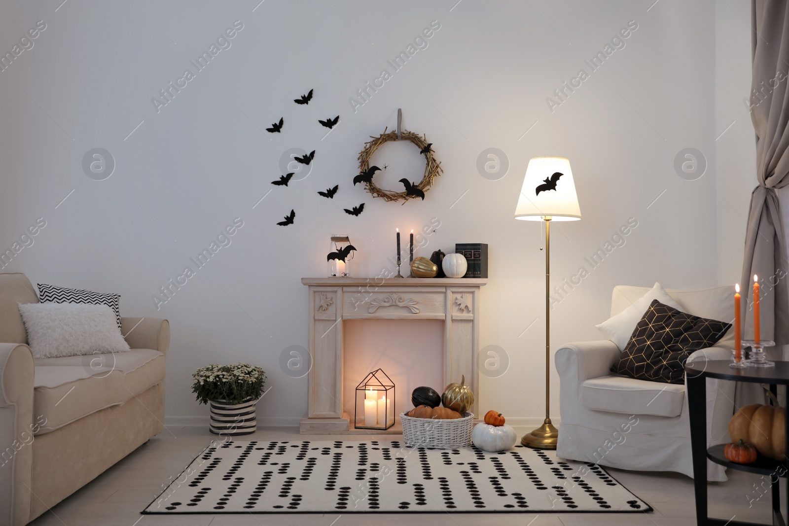 Photo of Modern room decorated for Halloween. Idea for festive interior