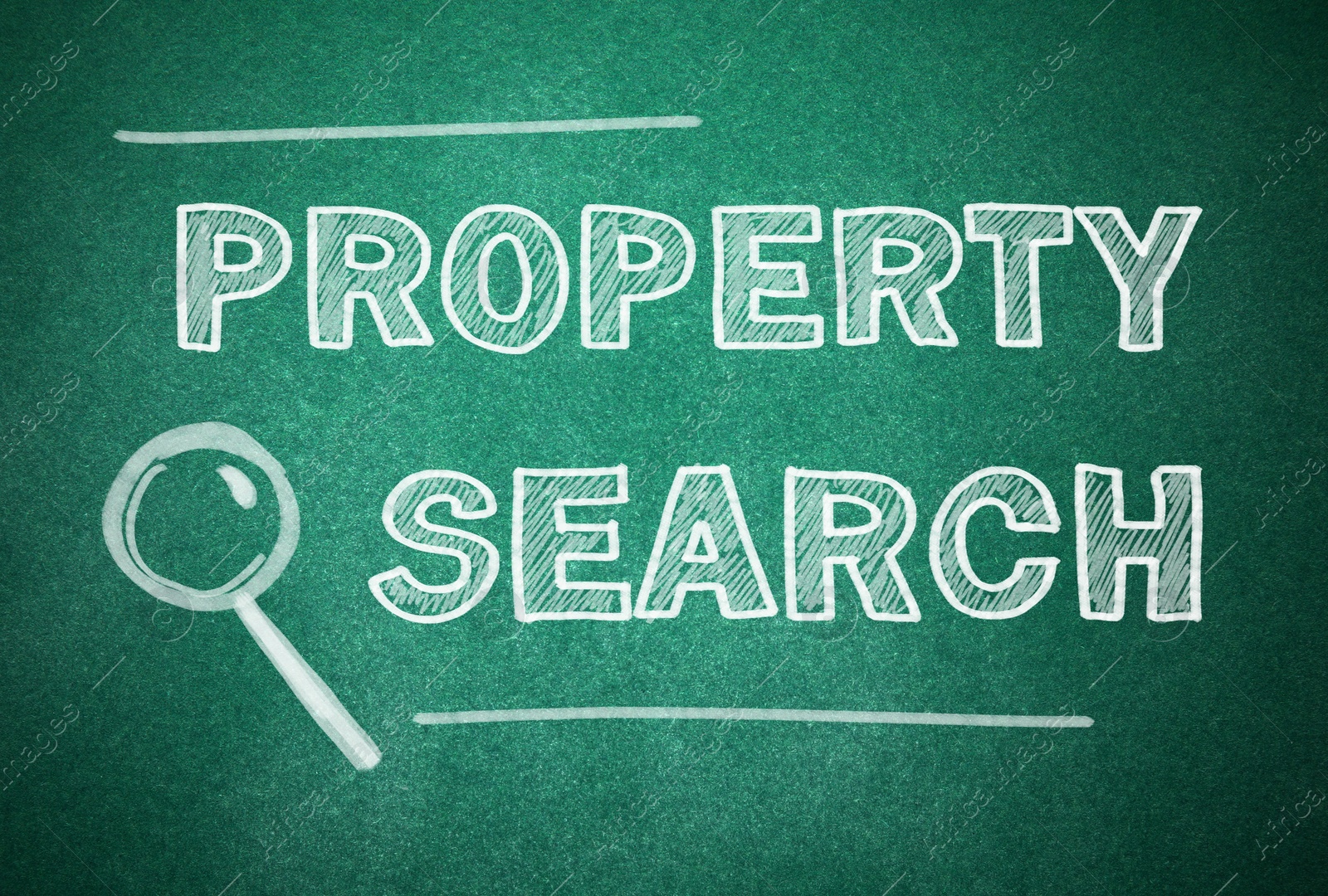 Image of Text Property Search and magnifier illustration on green chalkboard