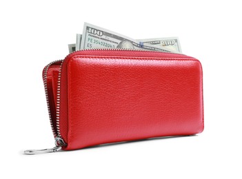 Photo of Stylish red leather purse with dollar banknotes on white background