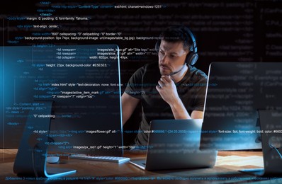 Programmer with headphones working in office at night