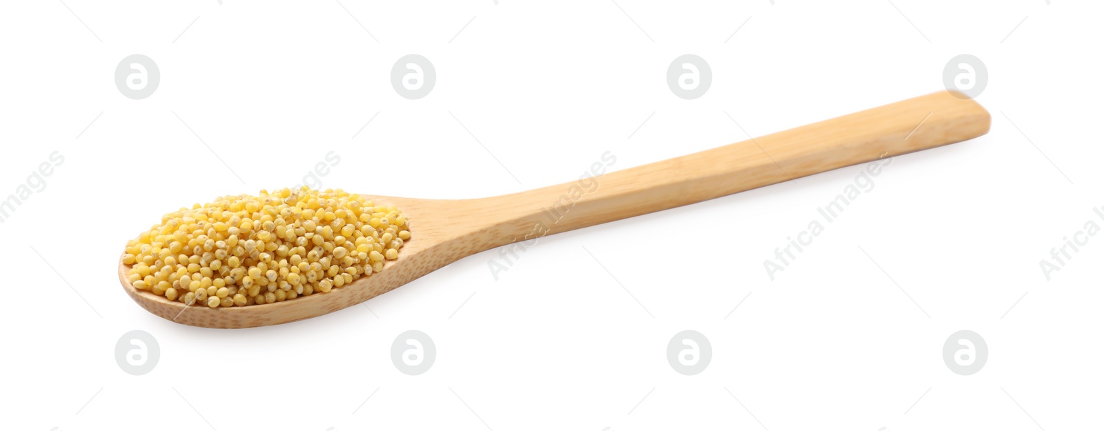 Photo of Wooden spoon with millet groats isolated on white