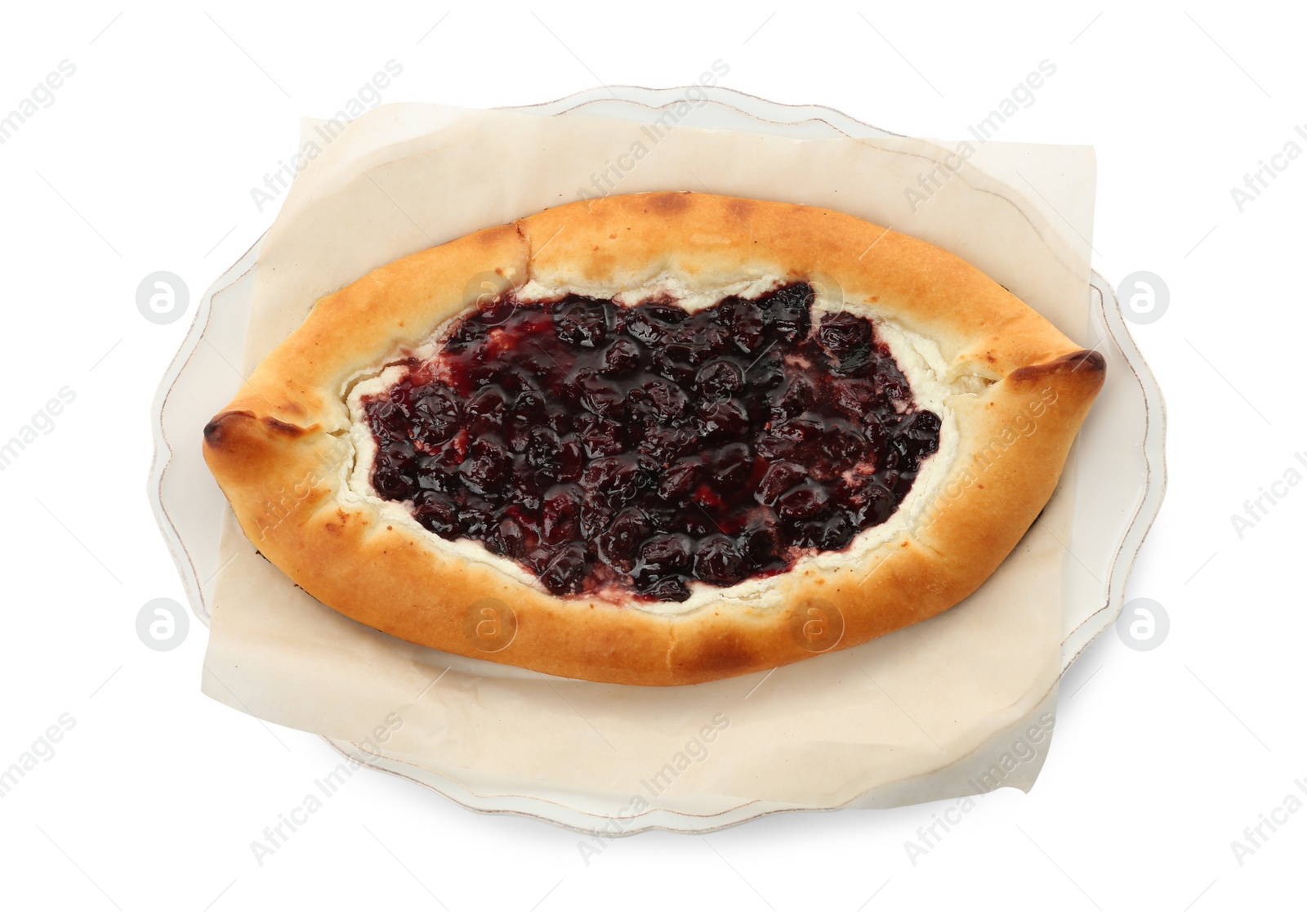 Photo of Delicious sweet cottage cheese pastry with cherry jam isolated on white, top view