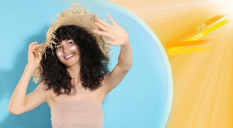 Image of Sun protection product as barrier against UVA and UVB, banner design. Beautiful young woman with sunscreen on face shading herself with hand against color background