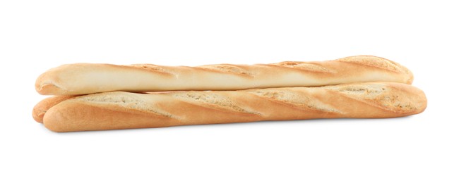 Photo of Tasty baguettes on white background. Fresh bread