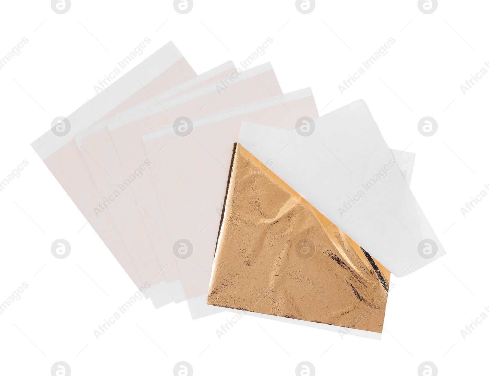 Photo of Many edible gold leaf sheets on white background, top view
