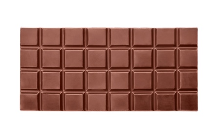 Photo of Delicious black chocolate bar on white background, top view