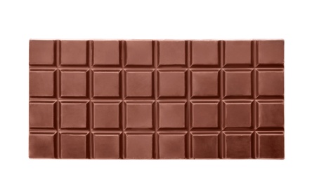 Delicious black chocolate bar on white background, top view