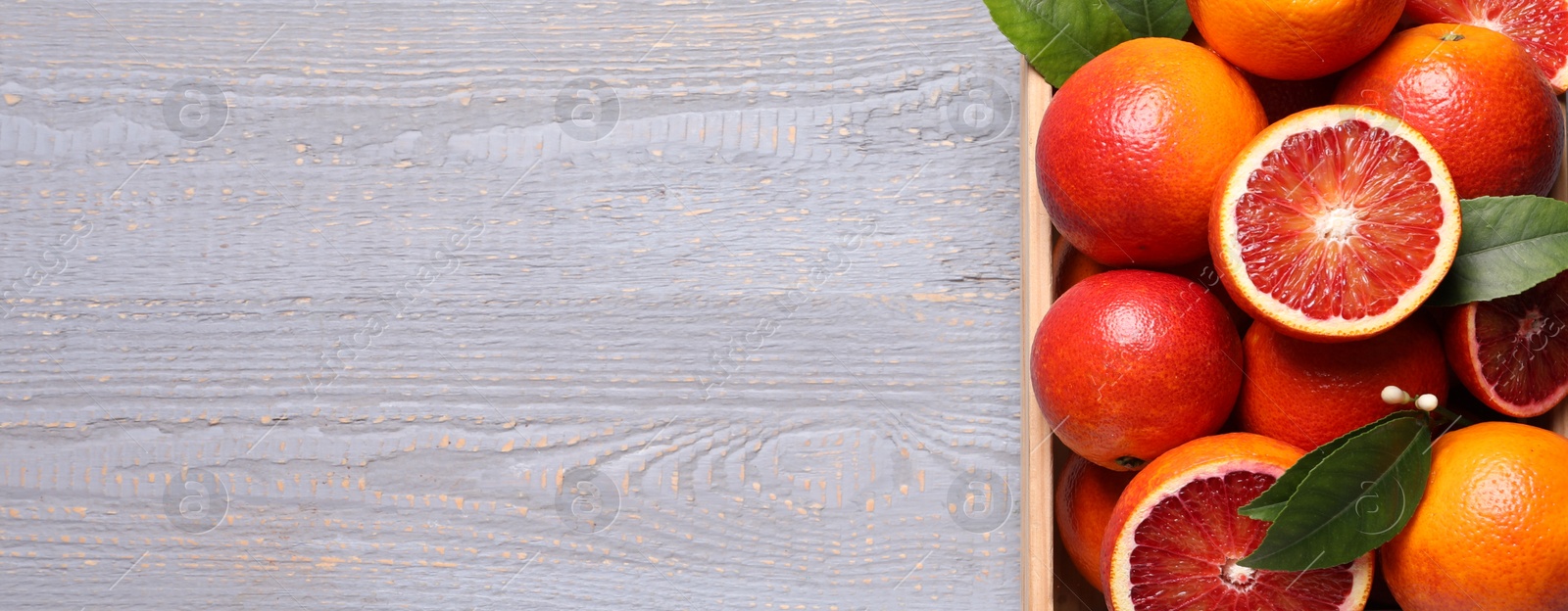 Image of Ripe sicilian oranges with green leaves on grey wooden table, top view with space for text. Banner design