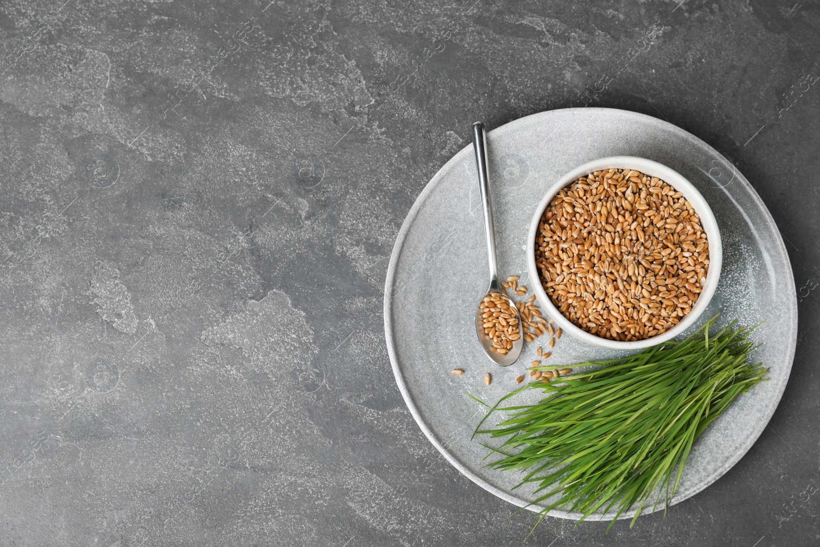 Photo of Flat lay composition with wheat grass and seeds on grey background, space for text