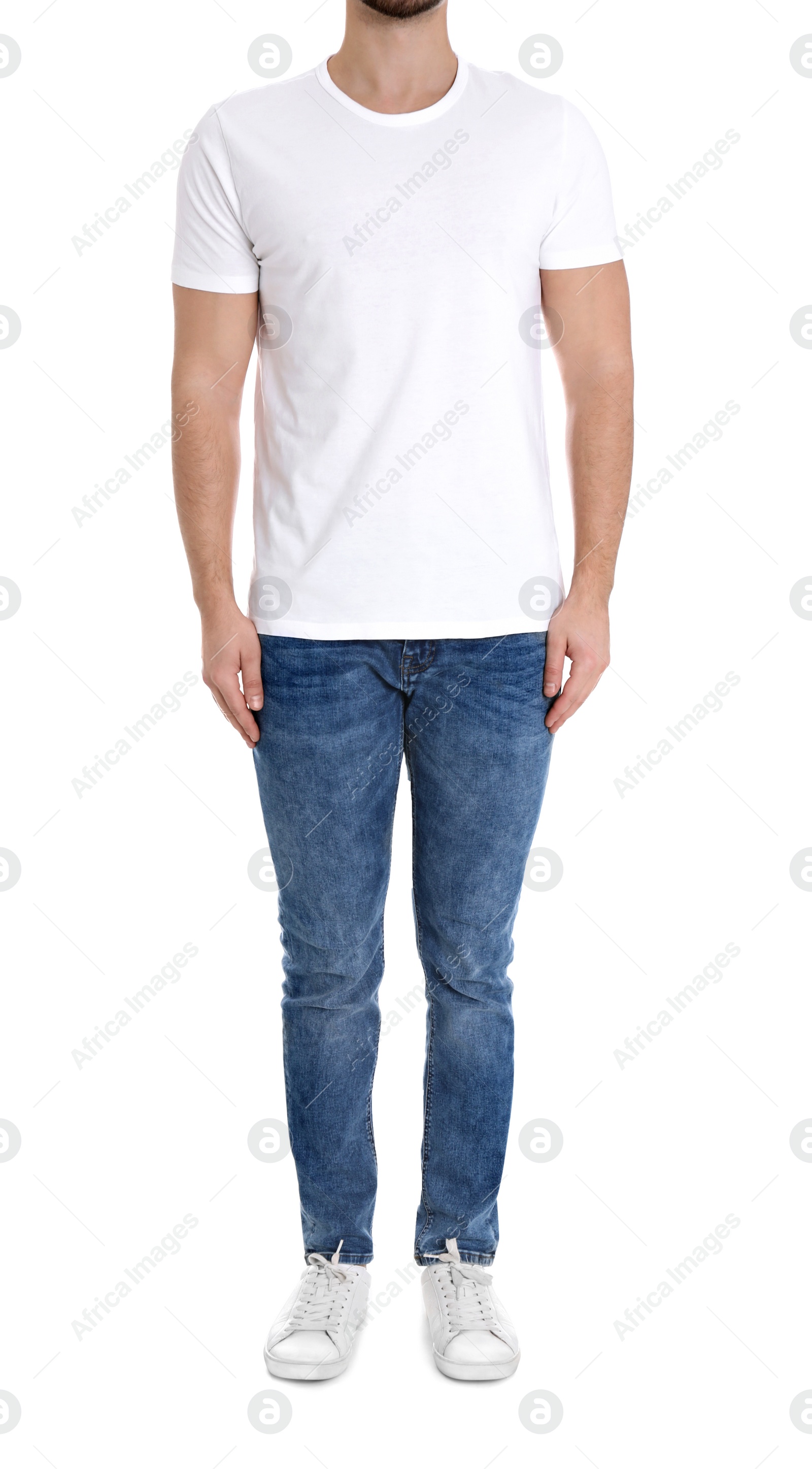 Photo of Young man on white background, closeup. Weight loss