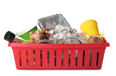 Crate with different garbage on white background. Trash recycling