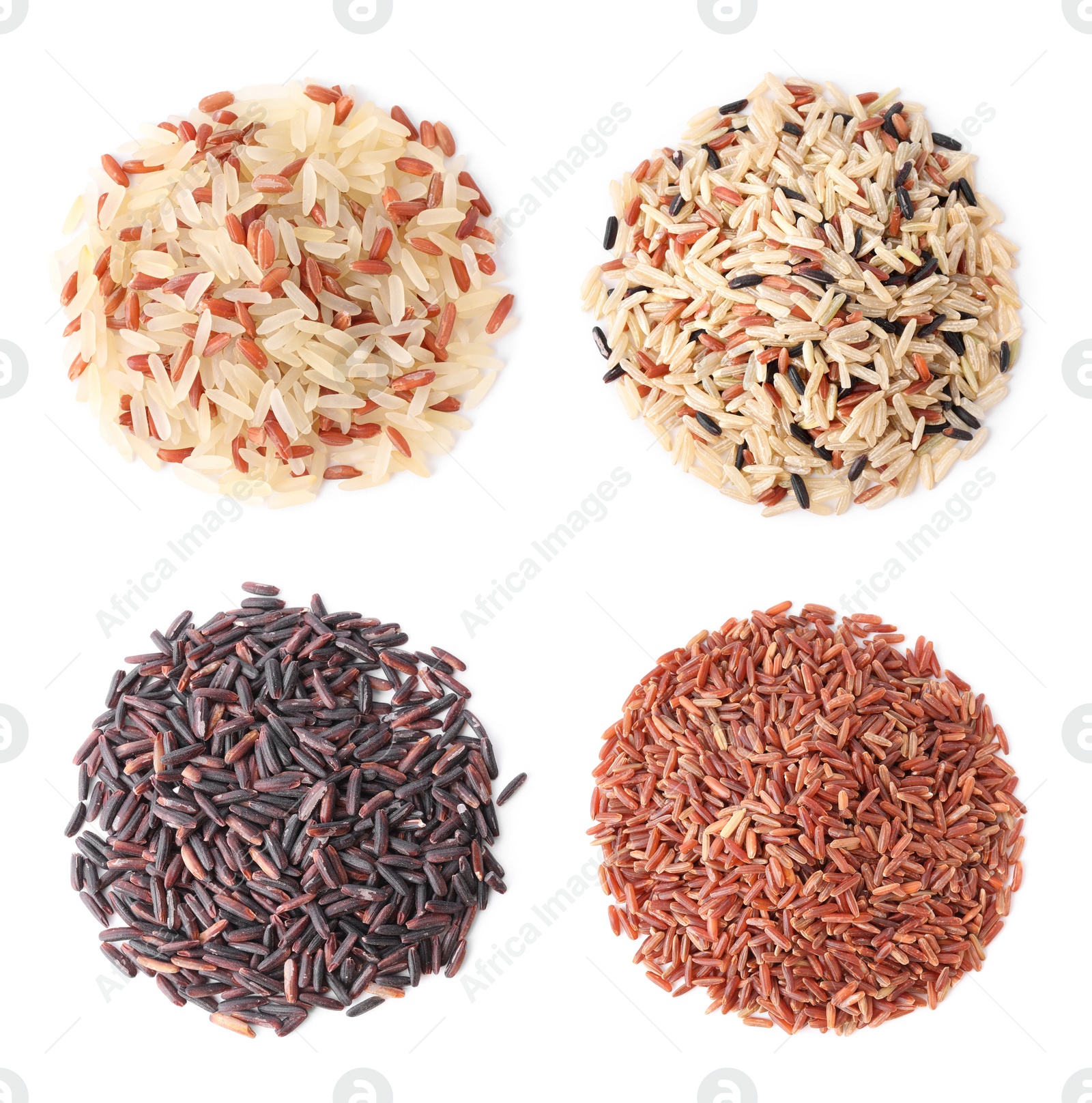 Image of Set with different types of rice on white background, top view