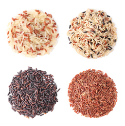 Image of Set with different types of rice on white background, top view