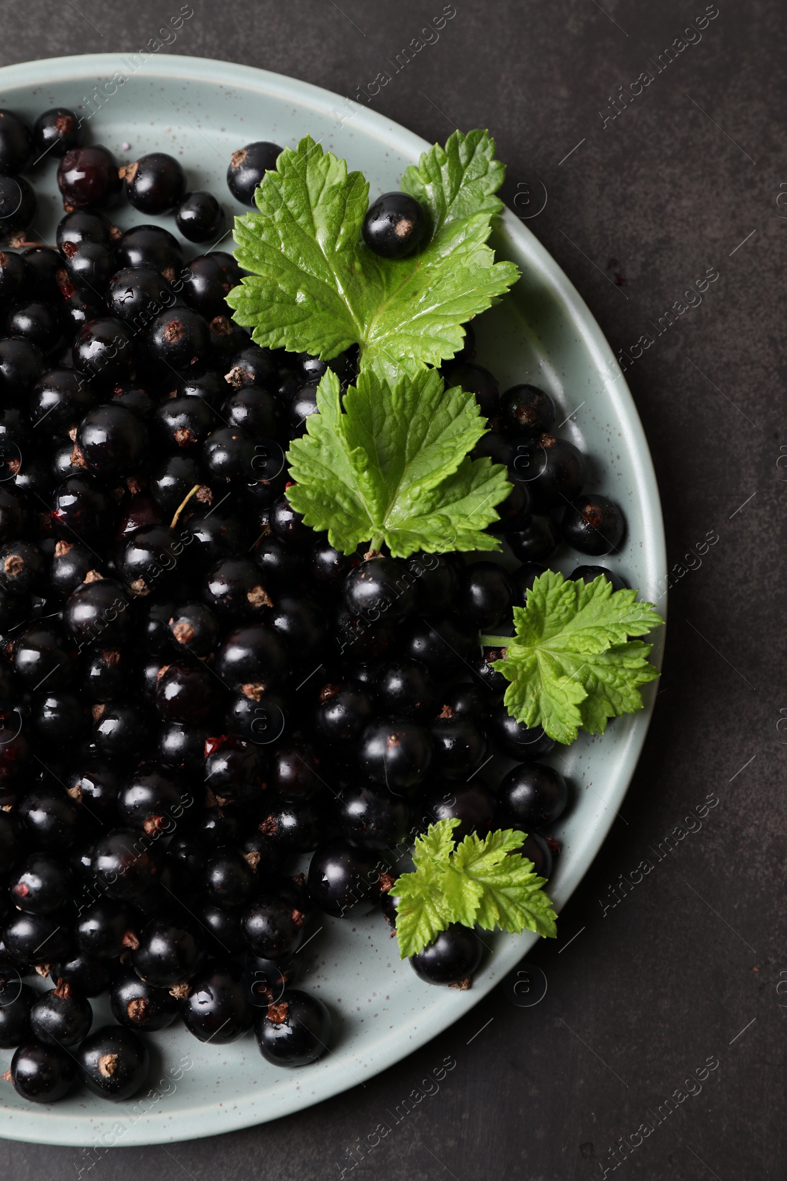 Photo of Plate with ripe blackcurrants and leaves on grey background, top view