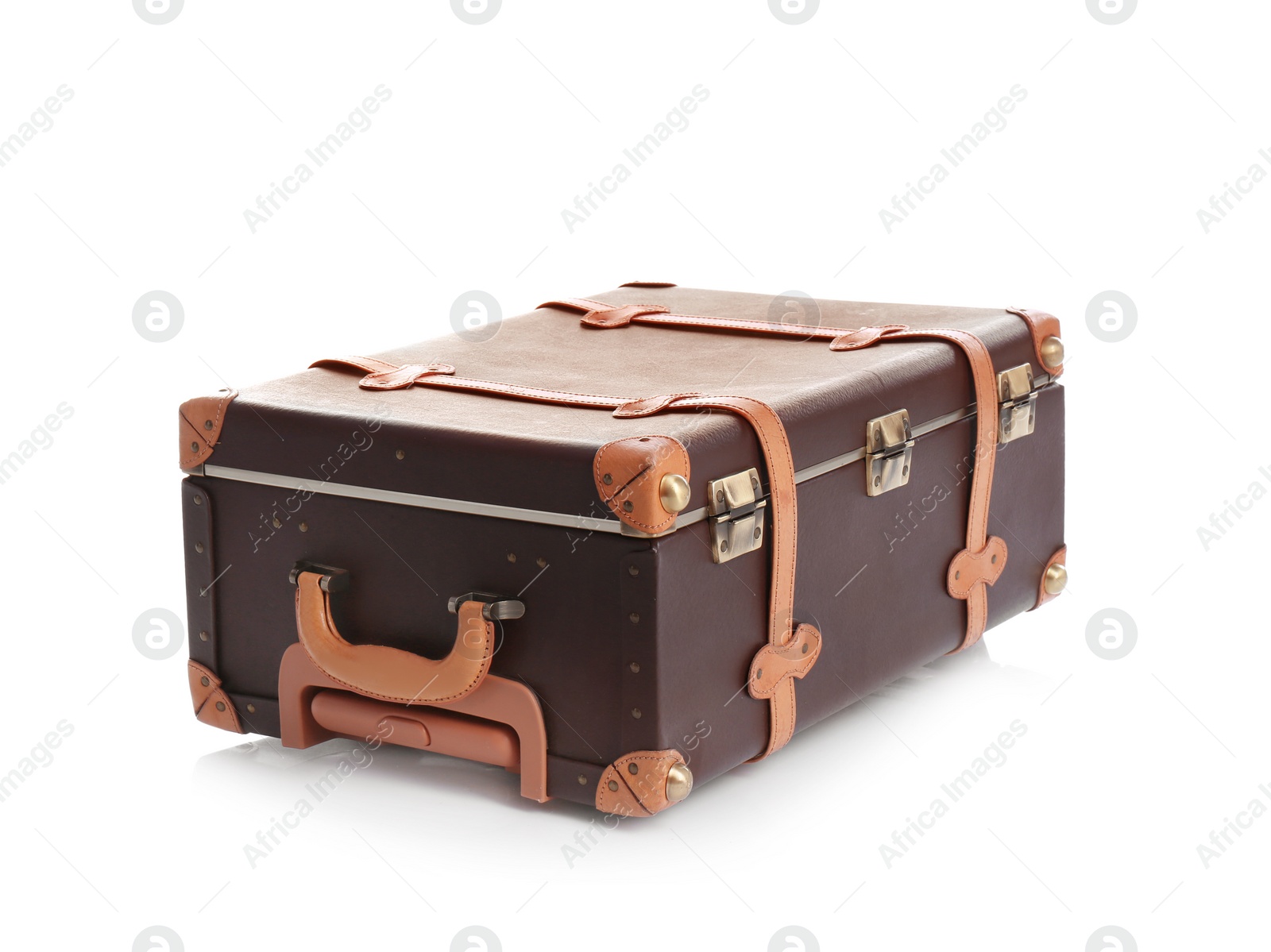 Photo of Fashionable brown suitcase on white background