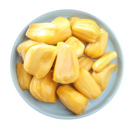 Delicious jackfruit bulbs in plate isolated on white, top view