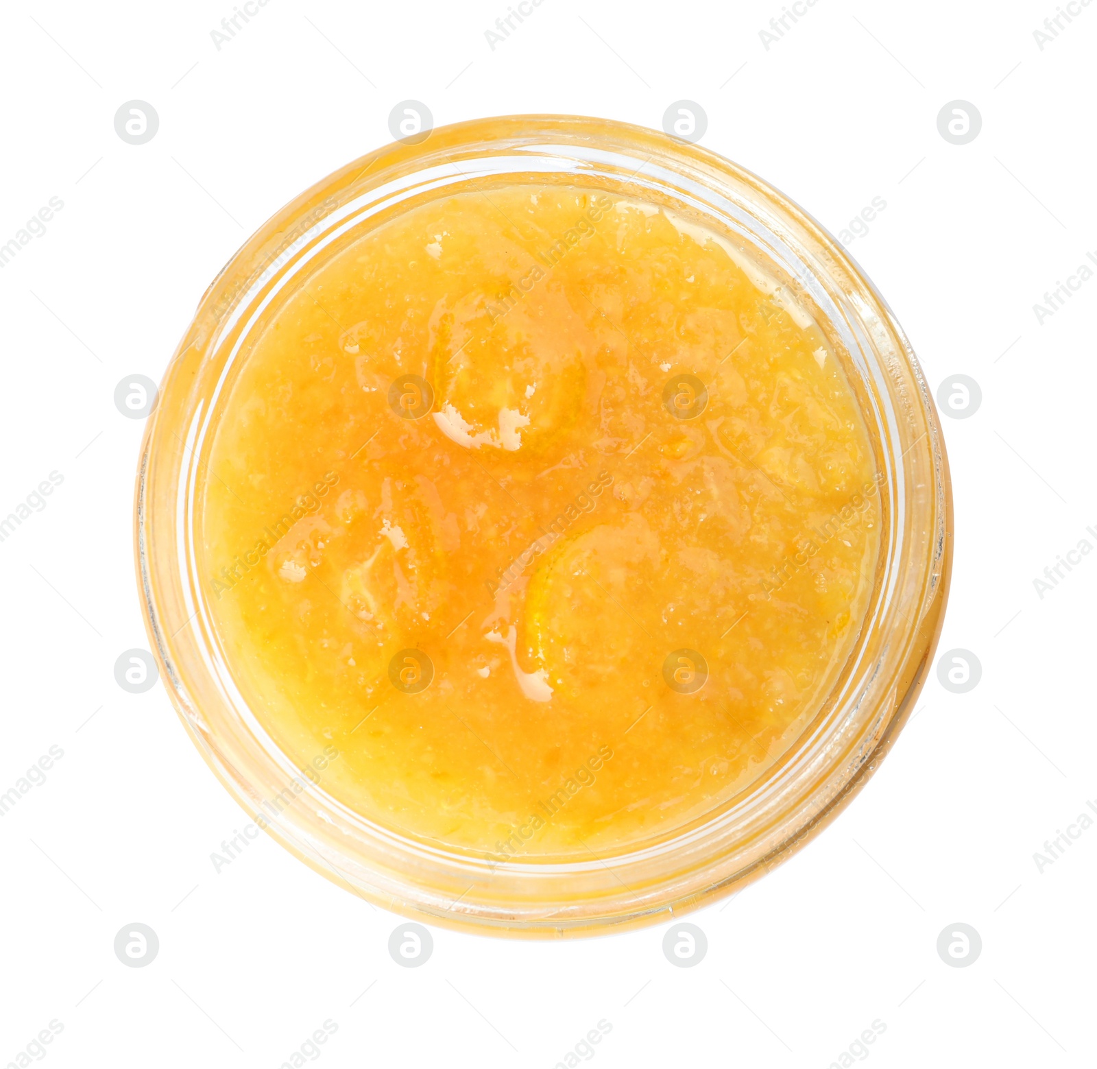 Photo of Delicious kumquat jam in glass jar isolated on white, top view