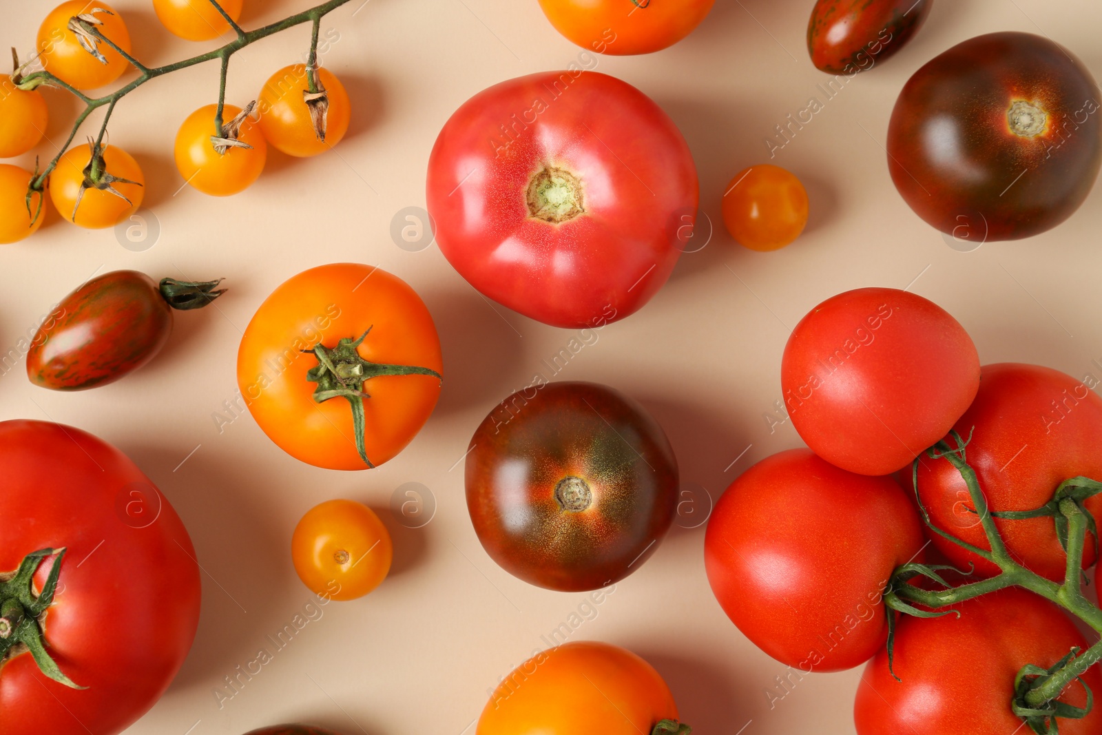 Photo of Flat lay composition with fresh ripe tomatoes on beige background