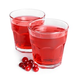Photo of Tasty cranberry juice in glasses and fresh berries isolated on white