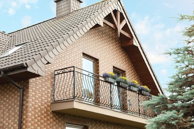 Stylish balcony decorated with beautiful potted flowers