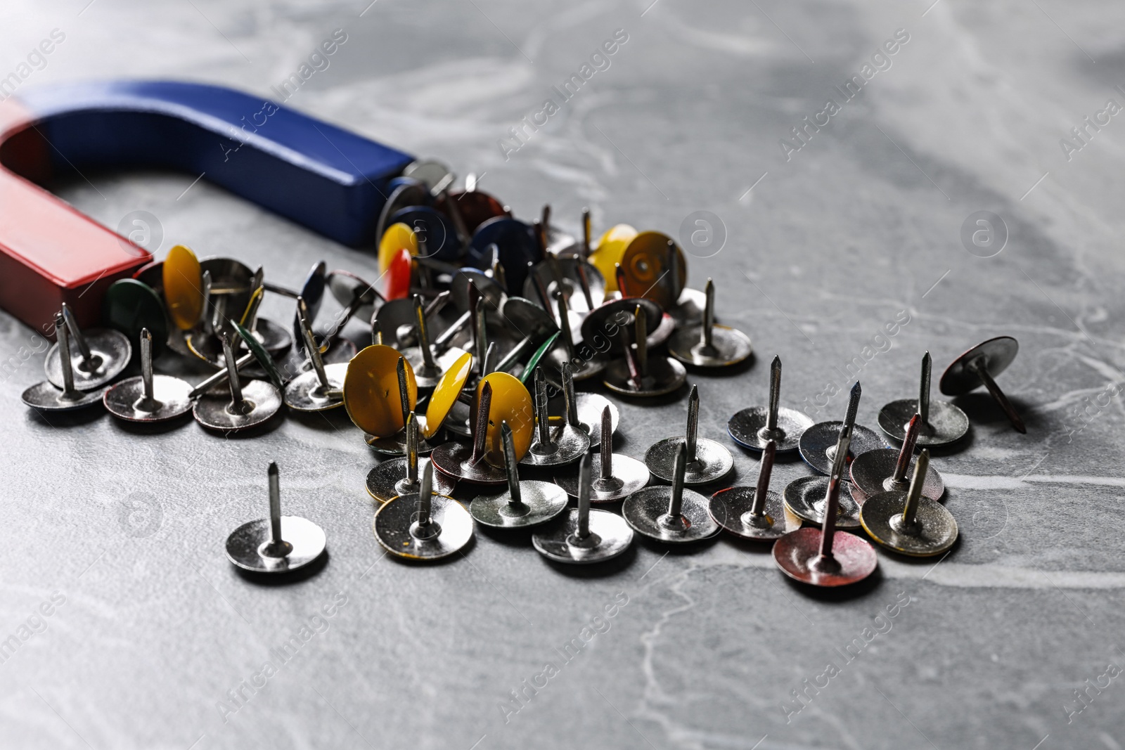 Photo of Red and blue horseshoe magnet attracting push pins on grey marble background, closeup