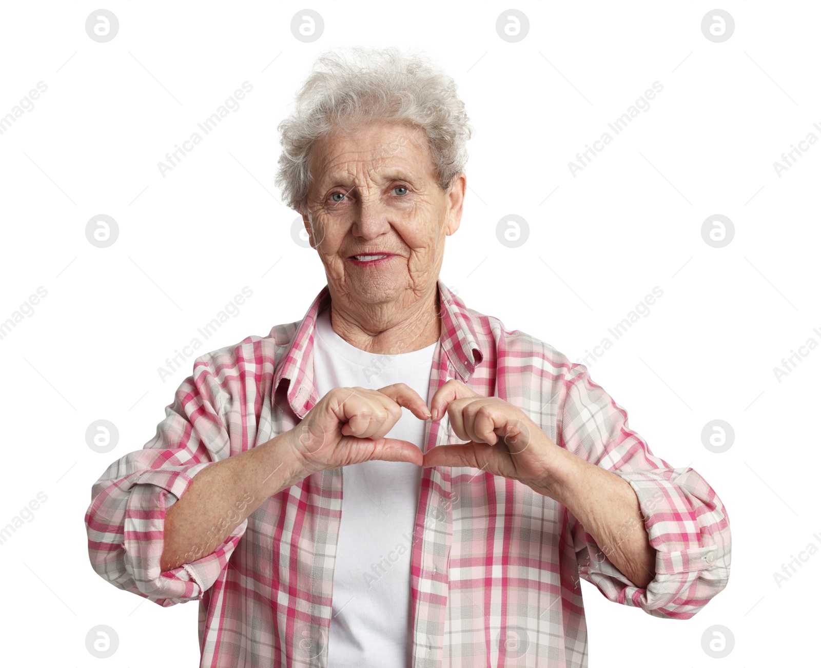 Photo of Elderly woman making heart with her hands on white background