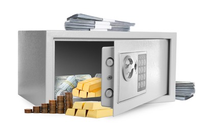 Image of Open steel safe with money and gold bars on white background