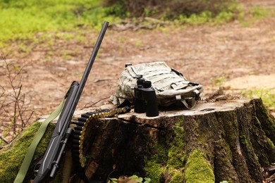 Hunting rifle, backpack, cartridges and binoculars on tree stump outdoors