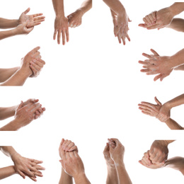 Image of Collage of people washing hands with soap on white background, closeup. Space for design