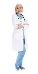 Full length portrait of female doctor isolated on white. Medical staff