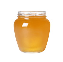 Photo of Tasty natural honey in glass jar isolated on white