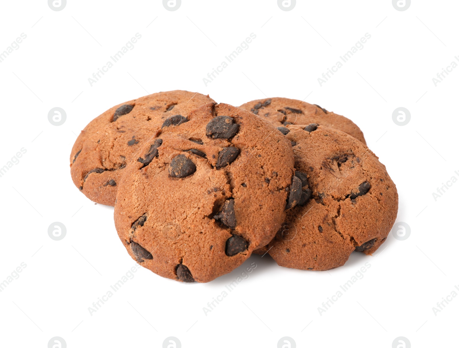 Photo of Tasty cookies with chocolate chips on white background