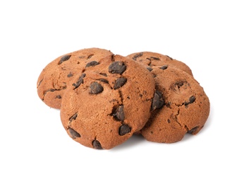 Tasty cookies with chocolate chips on white background