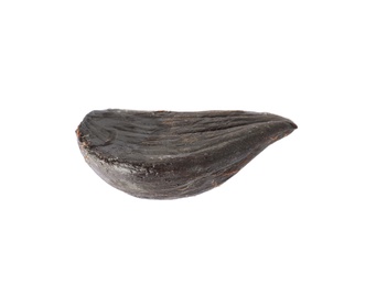 Clove of aged black garlic on white background