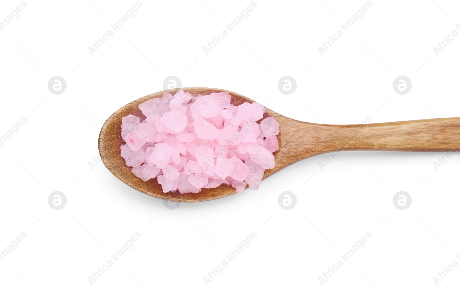 Photo of Wooden spoon with pink sea salt isolated on white, top view