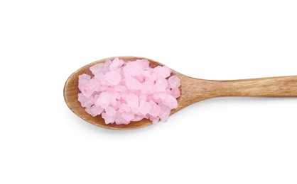 Photo of Wooden spoon with pink sea salt isolated on white, top view