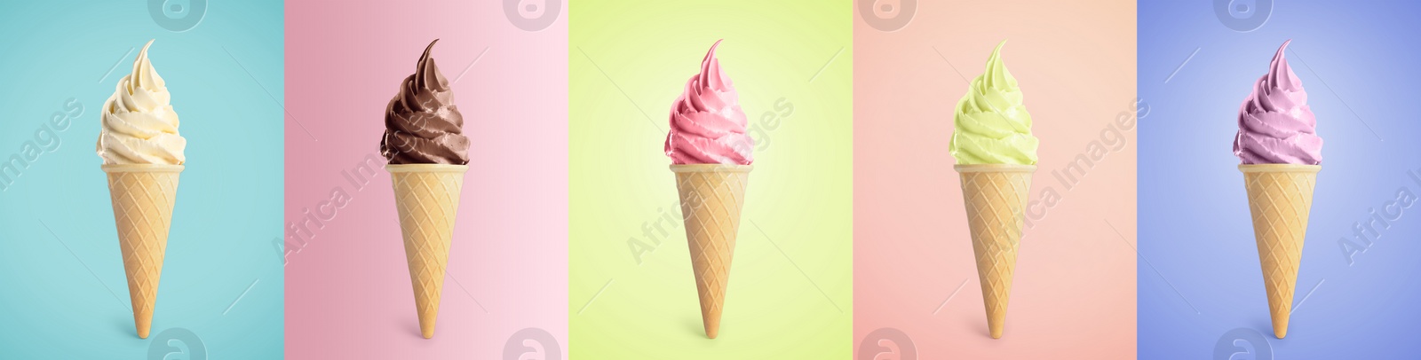 Image of Ice cream in different flavors on pastel color backgrounds. Soft serve