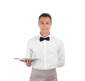 Waiter holding metal tray on white background