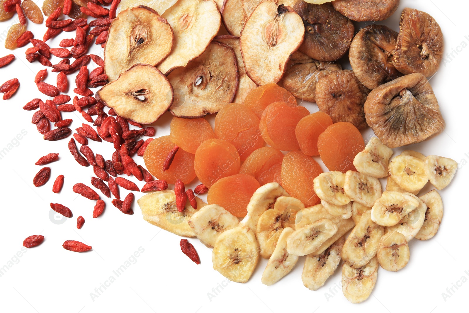 Photo of Pile of different tasty dried fruits on white background, top view