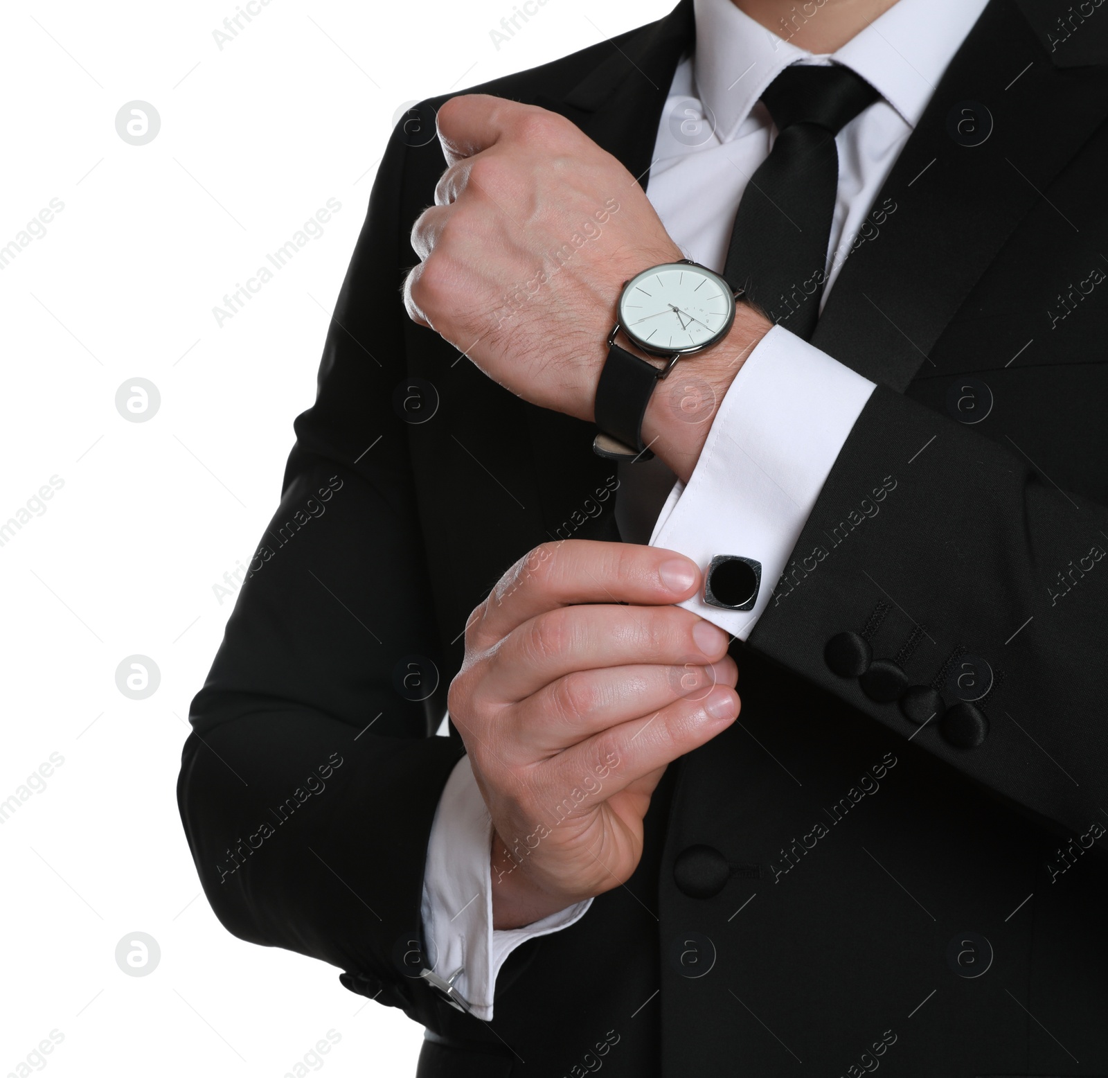 Photo of Man wearing stylish suit and cufflinks on white background, closeup