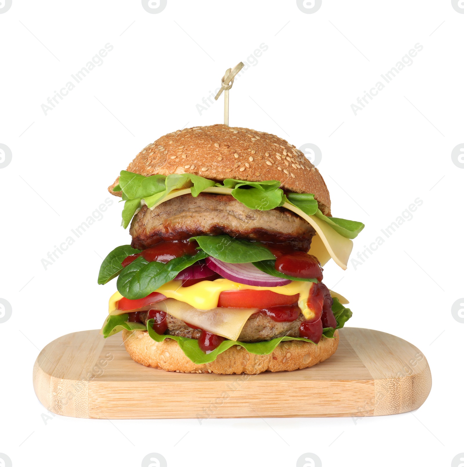 Photo of Wooden serving board with fresh burger isolated on white