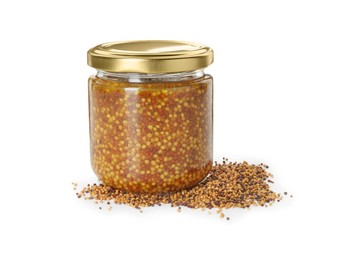 Photo of Fresh whole grain mustard in jar and dry seeds isolated on white