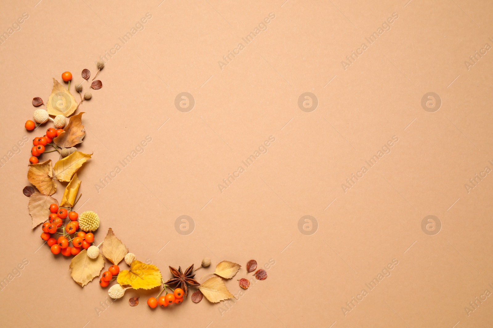 Photo of Flat lay composition with autumn leaves on beige background, space for text