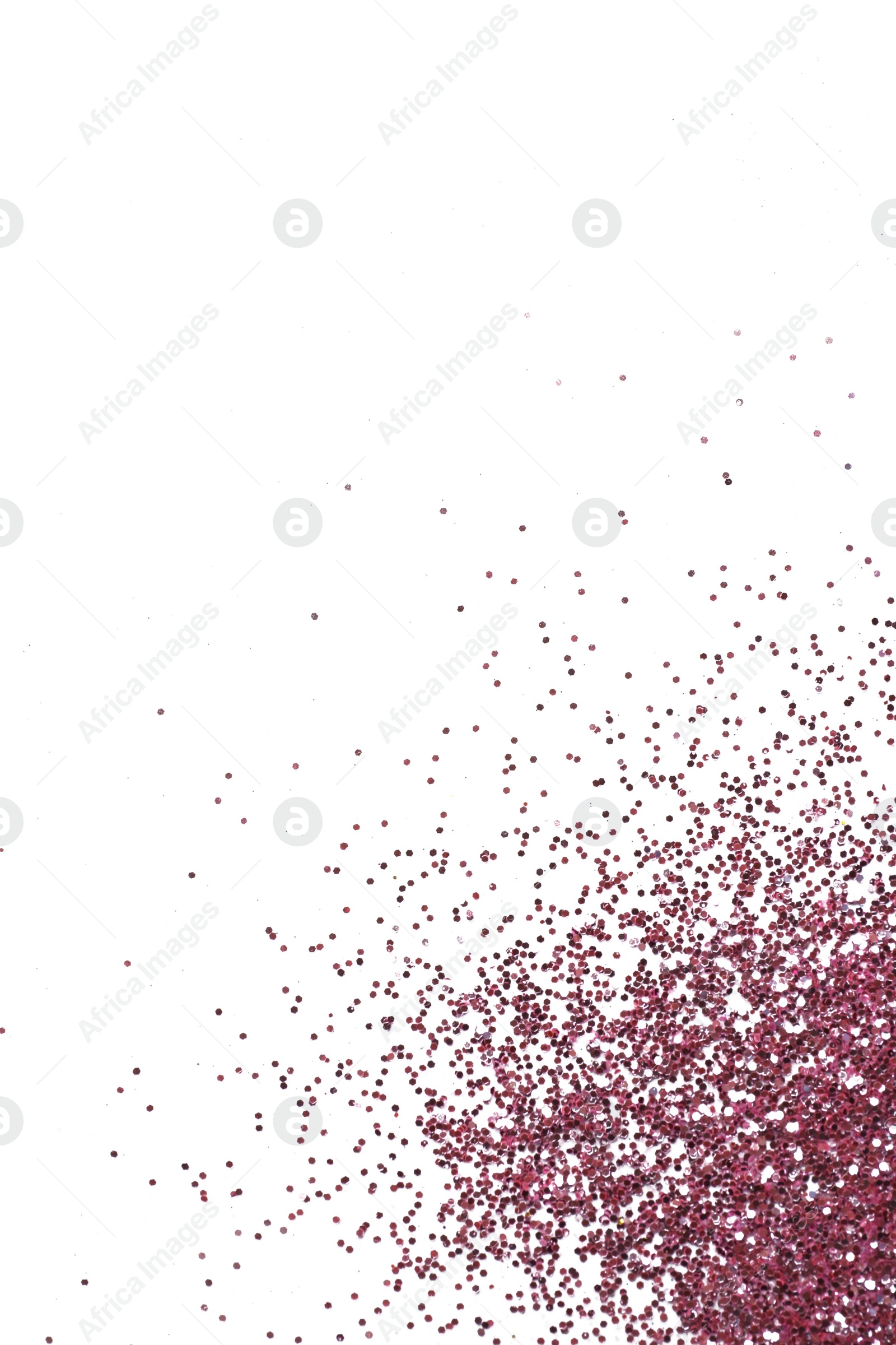 Photo of Pink glitter on white background, top view